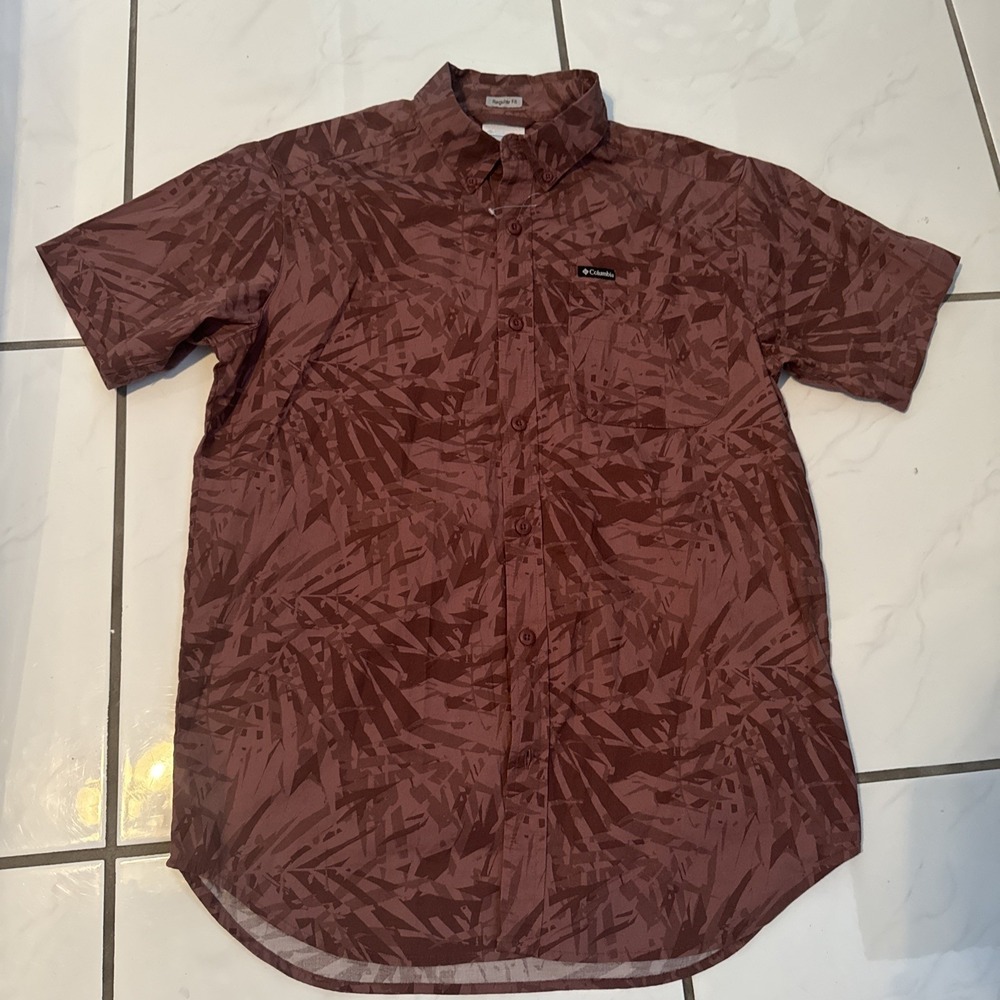 Columbia Hawaiian Shirt Mens L 21x27 Brown Tropical Floral Fishing Short Sleeve